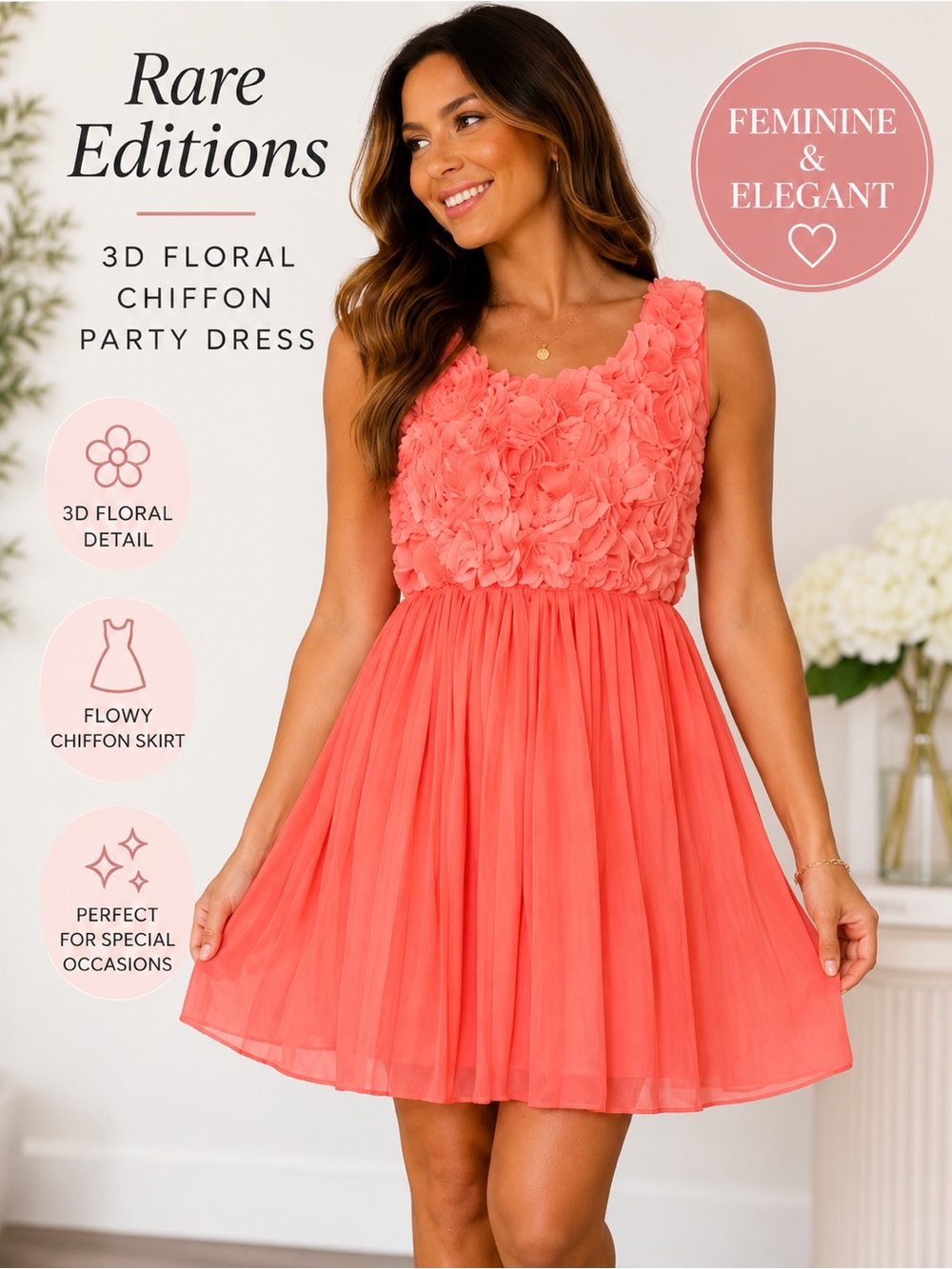 Rare Editions Coral Pink 3D Floral Chiffon Mini Dress XS